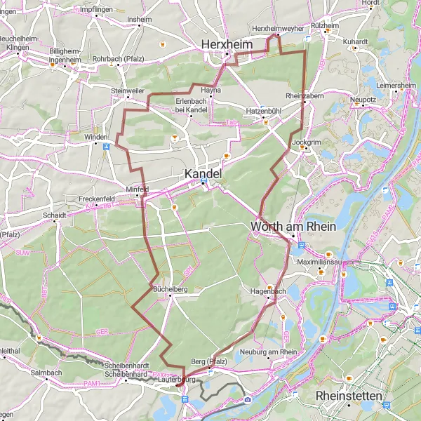Map miniature of "Lauterbourg to Wörth am Rhein Gravel Route" cycling inspiration in Alsace, France. Generated by Tarmacs.app cycling route planner