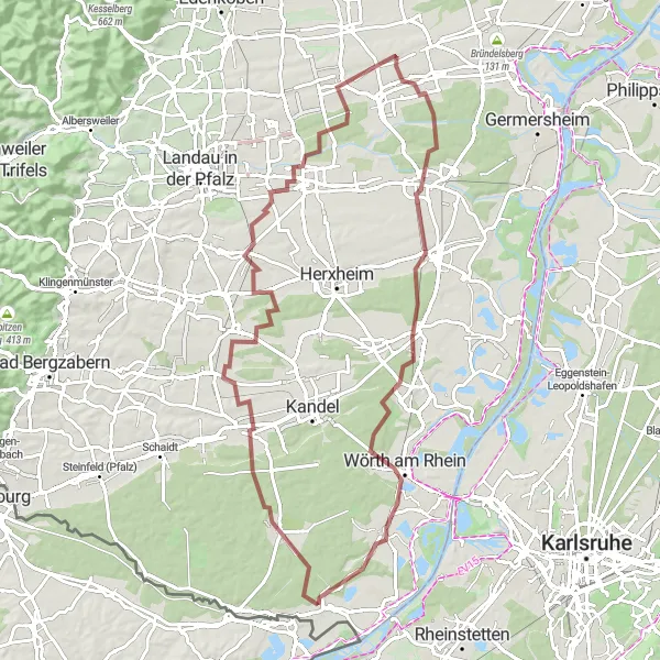 Map miniature of "Lauterbourg to Wörth am Rhein Gravel Route" cycling inspiration in Alsace, France. Generated by Tarmacs.app cycling route planner