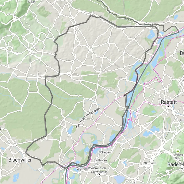 Miniature de la carte de l'inspiration cycliste "Circuit de la Petite Camargue Alsacienne" dans la Alsace, France. Générée par le planificateur d'itinéraire cycliste Tarmacs.app