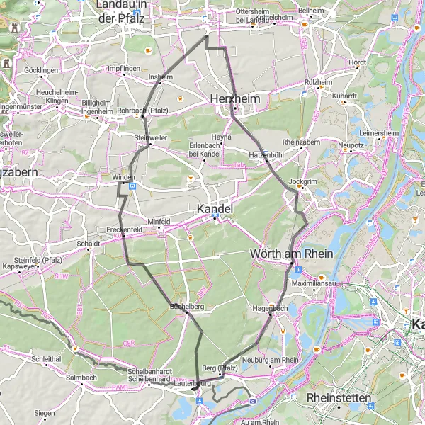 Map miniature of "Lauterbourg to Freckenfeld Road Ride" cycling inspiration in Alsace, France. Generated by Tarmacs.app cycling route planner