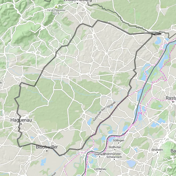 Miniature de la carte de l'inspiration cycliste "Parcours à la Découverte de l'Alsace" dans la Alsace, France. Générée par le planificateur d'itinéraire cycliste Tarmacs.app