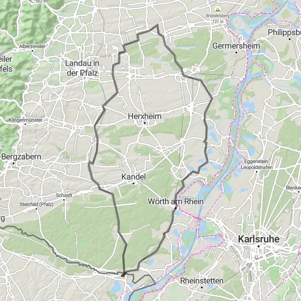 Miniature de la carte de l'inspiration cycliste "Le charme du Rhin" dans la Alsace, France. Générée par le planificateur d'itinéraire cycliste Tarmacs.app