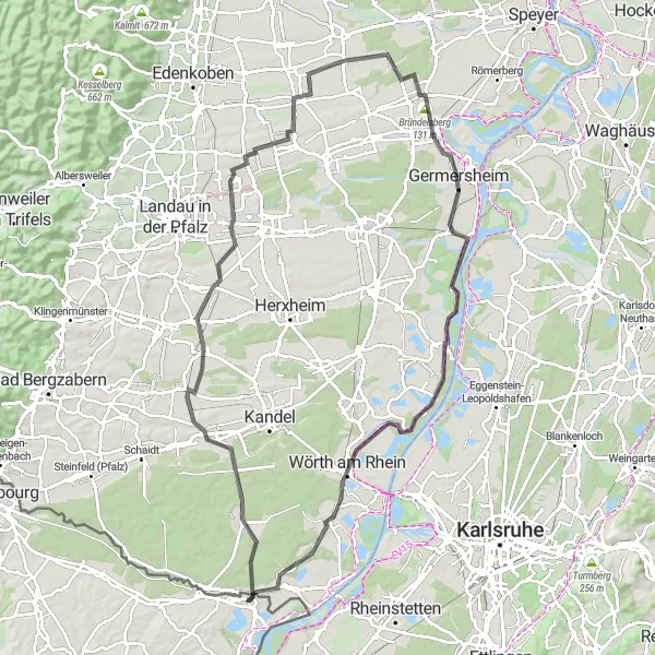 Map miniature of "Lauterbourg to Wörth am Rhein Road Route" cycling inspiration in Alsace, France. Generated by Tarmacs.app cycling route planner