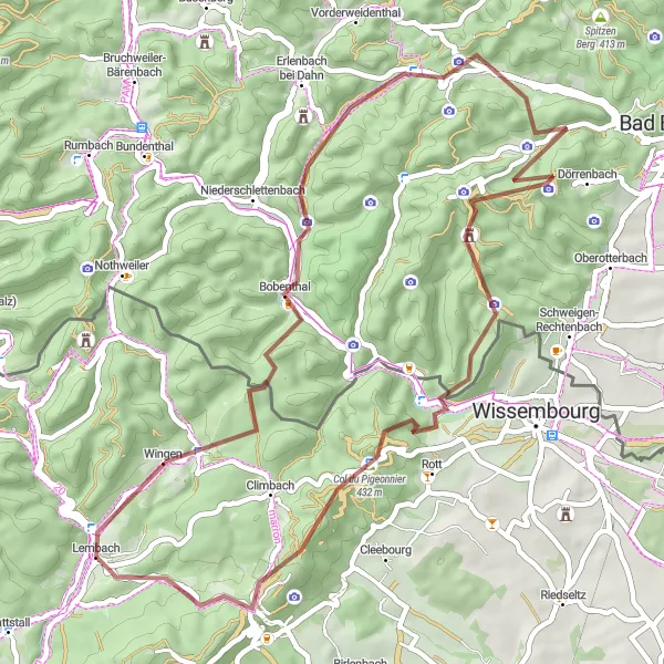 Miniature de la carte de l'inspiration cycliste "Exploration des collines d'Alsace en gravel" dans la Alsace, France. Générée par le planificateur d'itinéraire cycliste Tarmacs.app