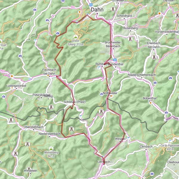 Miniature de la carte de l'inspiration cycliste "Parcours varié en gravel depuis Lembach" dans la Alsace, France. Générée par le planificateur d'itinéraire cycliste Tarmacs.app