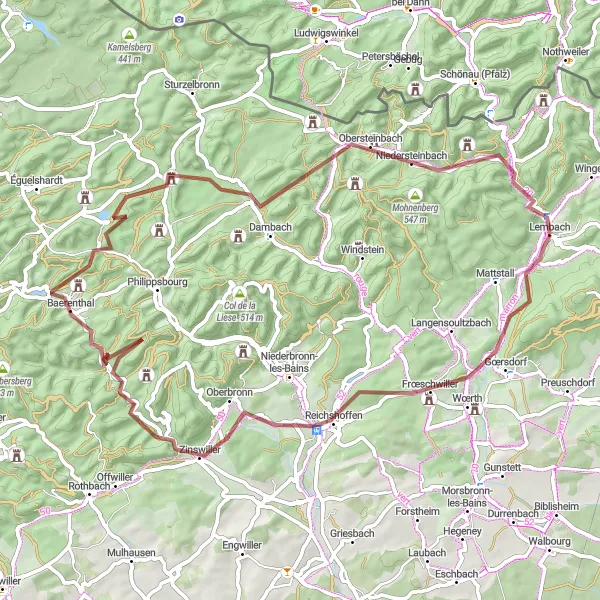 Map miniature of "Scenic Countryside Gravel Ride" cycling inspiration in Alsace, France. Generated by Tarmacs.app cycling route planner