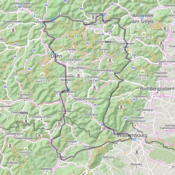 Miniature de la carte de l'inspiration cycliste "Boucle pittoresque depuis Lembach" dans la Alsace, France. Générée par le planificateur d'itinéraire cycliste Tarmacs.app
