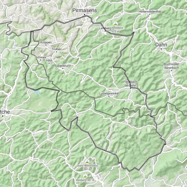 Miniature de la carte de l'inspiration cycliste "Challenge des Vosges du Nord" dans la Alsace, France. Générée par le planificateur d'itinéraire cycliste Tarmacs.app