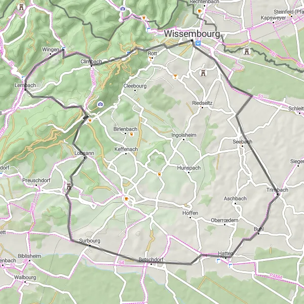 Map miniature of "Wissembourg and the Northern Vosges" cycling inspiration in Alsace, France. Generated by Tarmacs.app cycling route planner