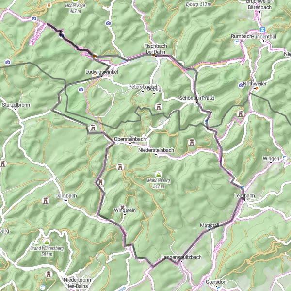 Miniature de la carte de l'inspiration cycliste "Entre villages et forêts en Rhénanie-Palatinat" dans la Alsace, France. Générée par le planificateur d'itinéraire cycliste Tarmacs.app