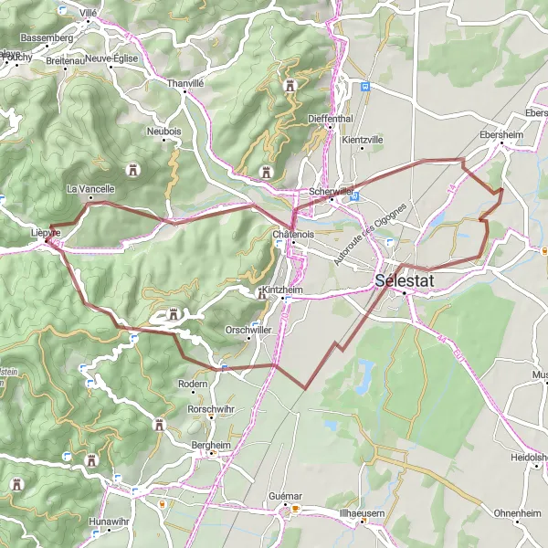 Miniature de la carte de l'inspiration cycliste "Le Circuit des Vignobles d'Alsace" dans la Alsace, France. Générée par le planificateur d'itinéraire cycliste Tarmacs.app