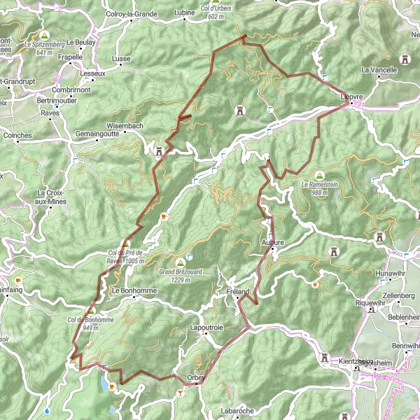 Miniature de la carte de l'inspiration cycliste "Les Montagnes Vosgiennes en Gravel" dans la Alsace, France. Générée par le planificateur d'itinéraire cycliste Tarmacs.app