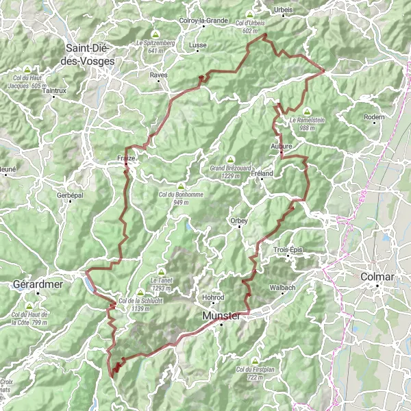 Miniature de la carte de l'inspiration cycliste "Parcours des Hautes Vosges" dans la Alsace, France. Générée par le planificateur d'itinéraire cycliste Tarmacs.app