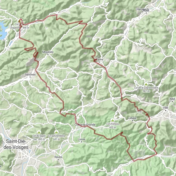 Map miniature of "The Gravel Odyssey" cycling inspiration in Alsace, France. Generated by Tarmacs.app cycling route planner