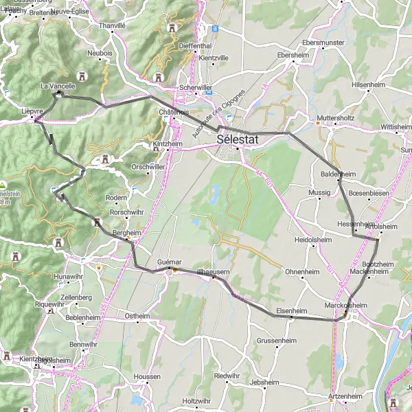 Miniature de la carte de l'inspiration cycliste "Boucle des Vignobles d'Alsace" dans la Alsace, France. Générée par le planificateur d'itinéraire cycliste Tarmacs.app