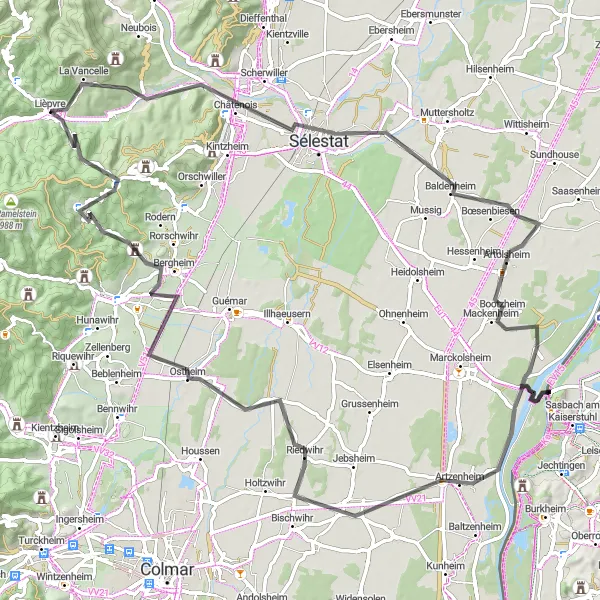 Miniature de la carte de l'inspiration cycliste "Tour des Vosges à vélo de route" dans la Alsace, France. Générée par le planificateur d'itinéraire cycliste Tarmacs.app