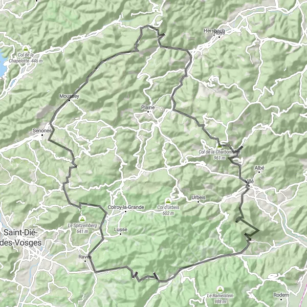 Miniature de la carte de l'inspiration cycliste "L'Épique Col de Sainte-Marie" dans la Alsace, France. Générée par le planificateur d'itinéraire cycliste Tarmacs.app