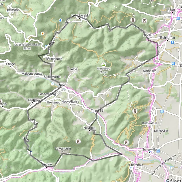 Map miniature of "Mystique Journey to Le Kesbel" cycling inspiration in Alsace, France. Generated by Tarmacs.app cycling route planner