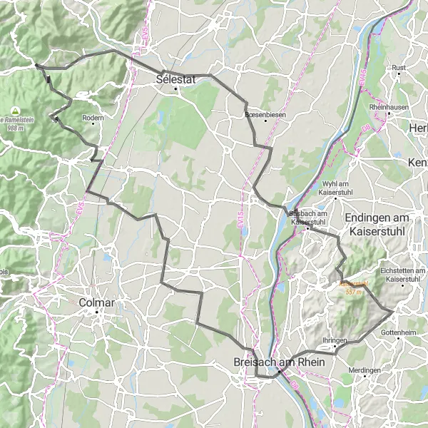 Miniature de la carte de l'inspiration cycliste "La Route des Châteaux d'Alsace" dans la Alsace, France. Générée par le planificateur d'itinéraire cycliste Tarmacs.app