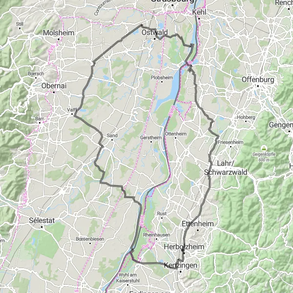 Map miniature of "The Challenging Circuit" cycling inspiration in Alsace, France. Generated by Tarmacs.app cycling route planner