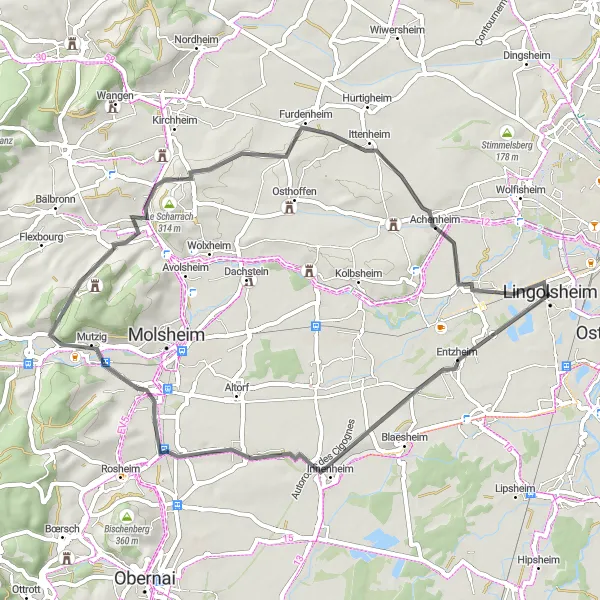 Miniature de la carte de l'inspiration cycliste "Parcours à vélo de route de Lingolsheim à Holtzheim" dans la Alsace, France. Générée par le planificateur d'itinéraire cycliste Tarmacs.app
