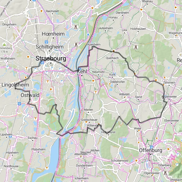 Map miniature of "Road Cycling to Toit du Parking Wodli, Strasbourg, Bodersweier, Appenweier, Goldscheuer, and Illkirch-Graffenstaden" cycling inspiration in Alsace, France. Generated by Tarmacs.app cycling route planner