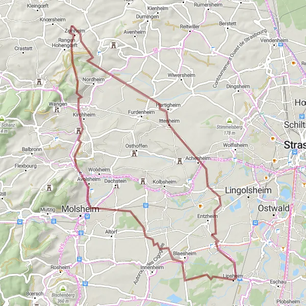 Map miniature of "Gravel Adventure in Alsace" cycling inspiration in Alsace, France. Generated by Tarmacs.app cycling route planner