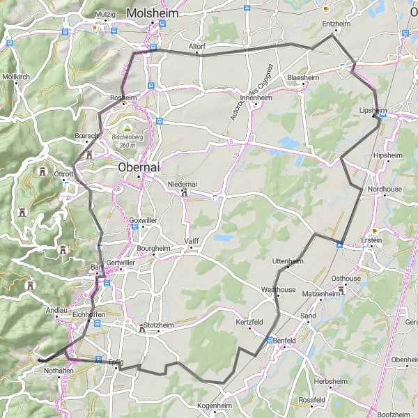 Map miniature of "Alsace Road Cycling Route" cycling inspiration in Alsace, France. Generated by Tarmacs.app cycling route planner