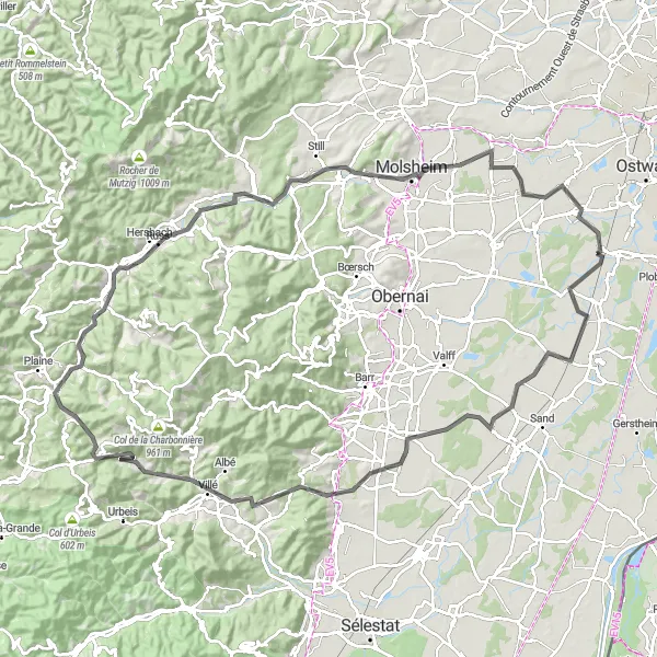 Miniature de la carte de l'inspiration cycliste "Itinéraire à vélo de route dans les collines d'Alsace" dans la Alsace, France. Générée par le planificateur d'itinéraire cycliste Tarmacs.app