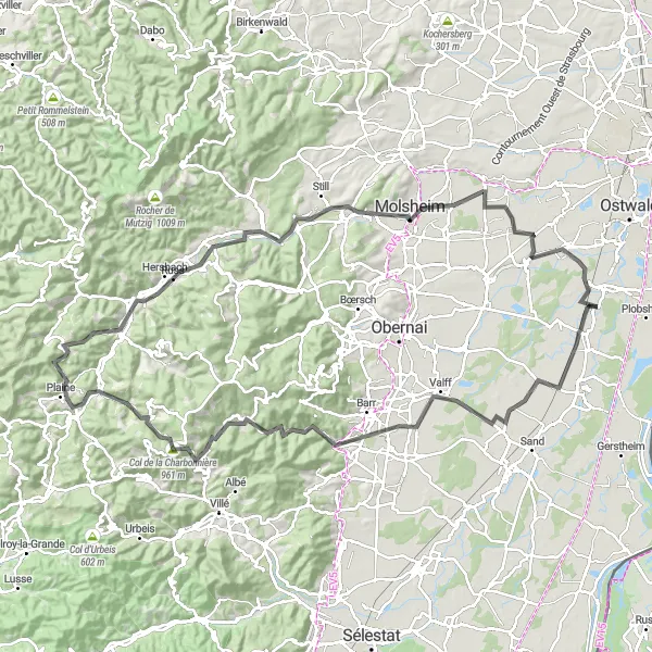 Miniature de la carte de l'inspiration cycliste "Parcours à vélo de route de Lipsheim à Alsace" dans la Alsace, France. Générée par le planificateur d'itinéraire cycliste Tarmacs.app