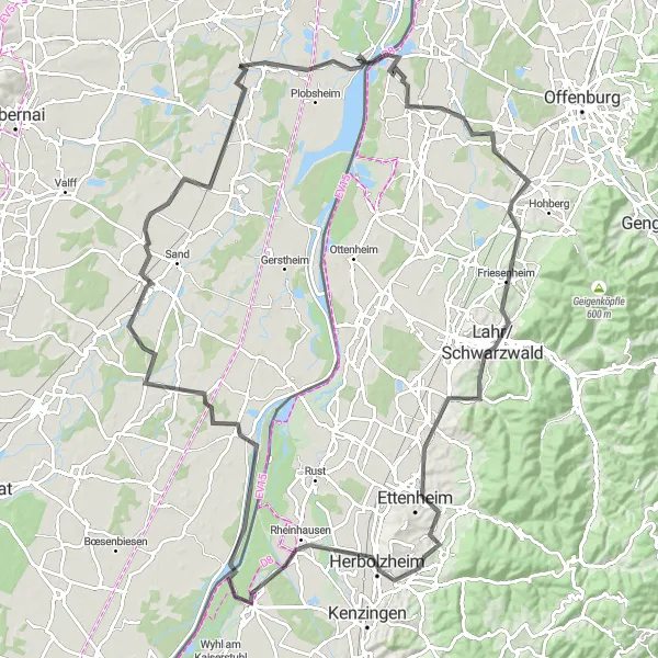Miniature de la carte de l'inspiration cycliste "Les Châteaux de la Plaine d'Alsace" dans la Alsace, France. Générée par le planificateur d'itinéraire cycliste Tarmacs.app