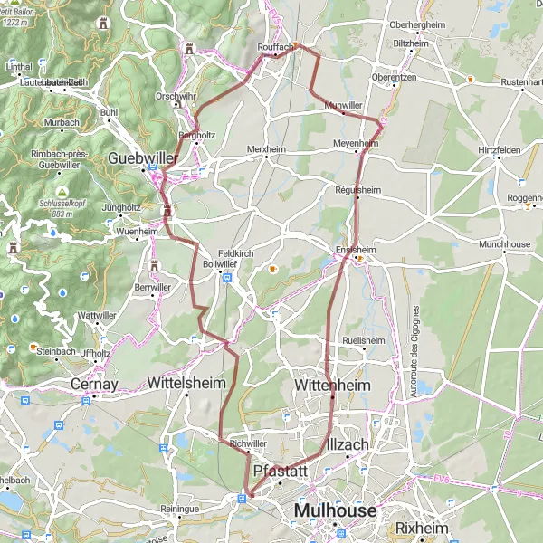 Map miniature of "Gravel Lutterbach to Soultz-Haut-Rhin" cycling inspiration in Alsace, France. Generated by Tarmacs.app cycling route planner