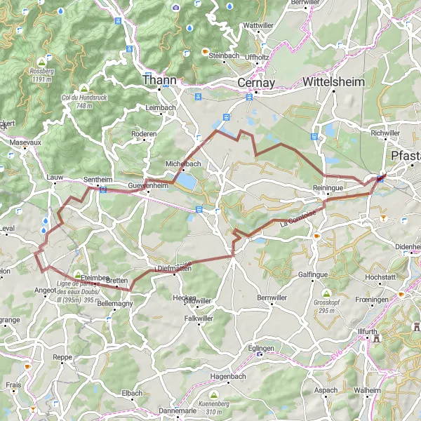 Miniature de la carte de l'inspiration cycliste "Exploration des sentiers gravel alentour" dans la Alsace, France. Générée par le planificateur d'itinéraire cycliste Tarmacs.app
