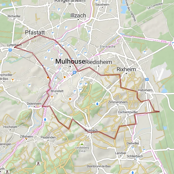 Map miniature of "Mulhouse Gravel Discovery" cycling inspiration in Alsace, France. Generated by Tarmacs.app cycling route planner