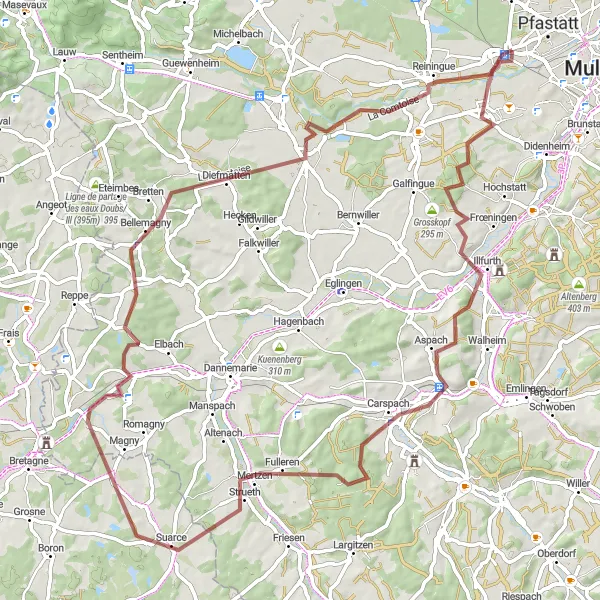 Miniature de la carte de l'inspiration cycliste "Aventure en gravel à travers les collines d'Alsace" dans la Alsace, France. Générée par le planificateur d'itinéraire cycliste Tarmacs.app