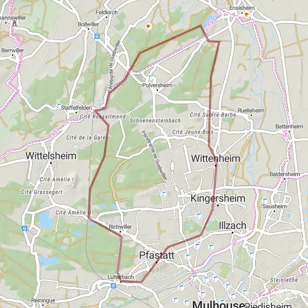 Map miniature of "Scenic Gravel Ride: Richwiller to Bourtzwiller" cycling inspiration in Alsace, France. Generated by Tarmacs.app cycling route planner