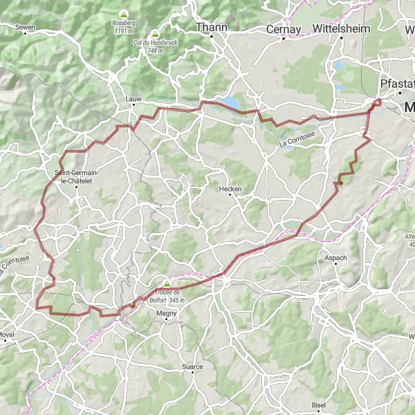 Map miniature of "Lutterbach Gravel Adventure" cycling inspiration in Alsace, France. Generated by Tarmacs.app cycling route planner