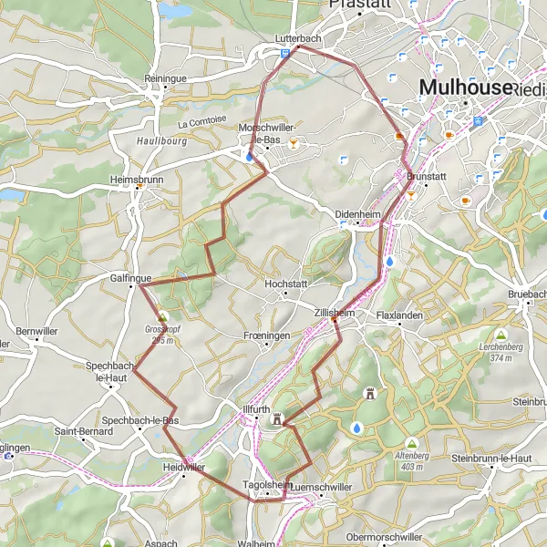 Map miniature of "Gravel Lutterbach to Britzgyberg" cycling inspiration in Alsace, France. Generated by Tarmacs.app cycling route planner