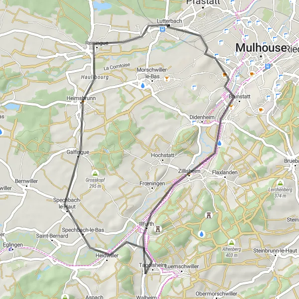 Miniature de la carte de l'inspiration cycliste "Boucle cycliste à travers les collines près de Lutterbach" dans la Alsace, France. Générée par le planificateur d'itinéraire cycliste Tarmacs.app
