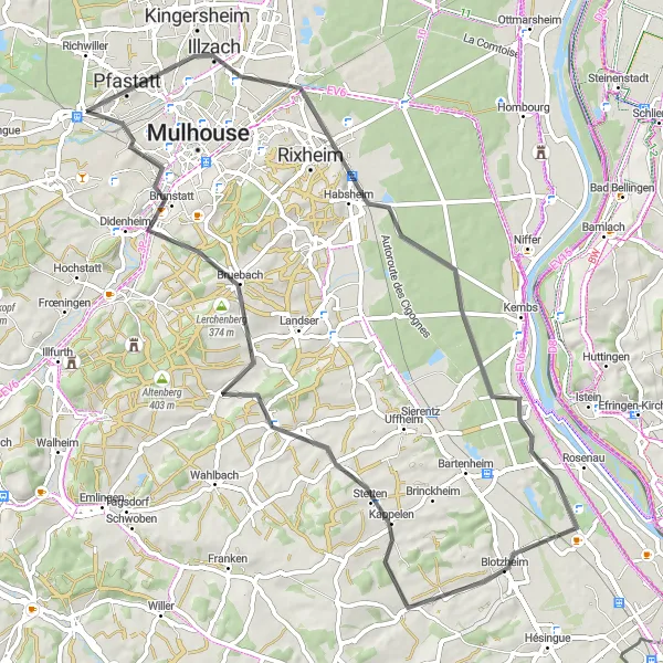 Miniature de la carte de l'inspiration cycliste "Tour des villages d'Alsace" dans la Alsace, France. Générée par le planificateur d'itinéraire cycliste Tarmacs.app