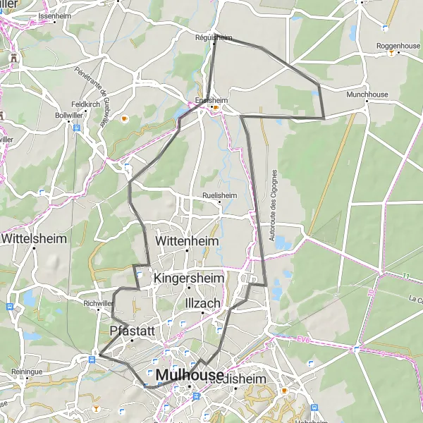 Map miniature of "Lutterbach to Mulhouse Loop" cycling inspiration in Alsace, France. Generated by Tarmacs.app cycling route planner