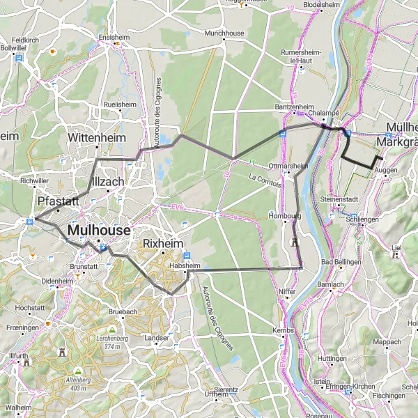 Miniature de la carte de l'inspiration cycliste "Parcours de cyclisme route autour de Lutterbach" dans la Alsace, France. Générée par le planificateur d'itinéraire cycliste Tarmacs.app