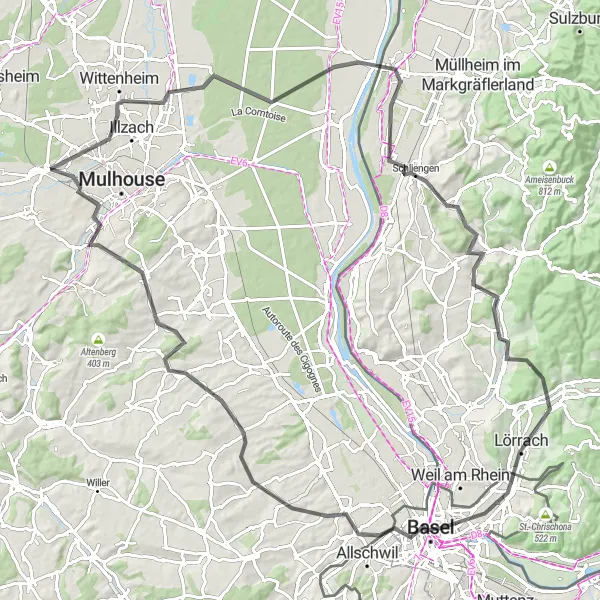 Miniature de la carte de l'inspiration cycliste "Tour de Bâle et Mulhouse" dans la Alsace, France. Générée par le planificateur d'itinéraire cycliste Tarmacs.app