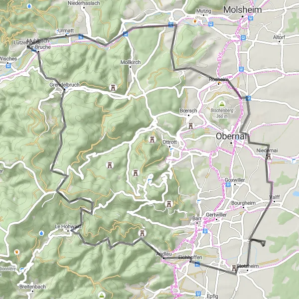 Miniature de la carte de l'inspiration cycliste "La Route des Vosges Magiques" dans la Alsace, France. Générée par le planificateur d'itinéraire cycliste Tarmacs.app