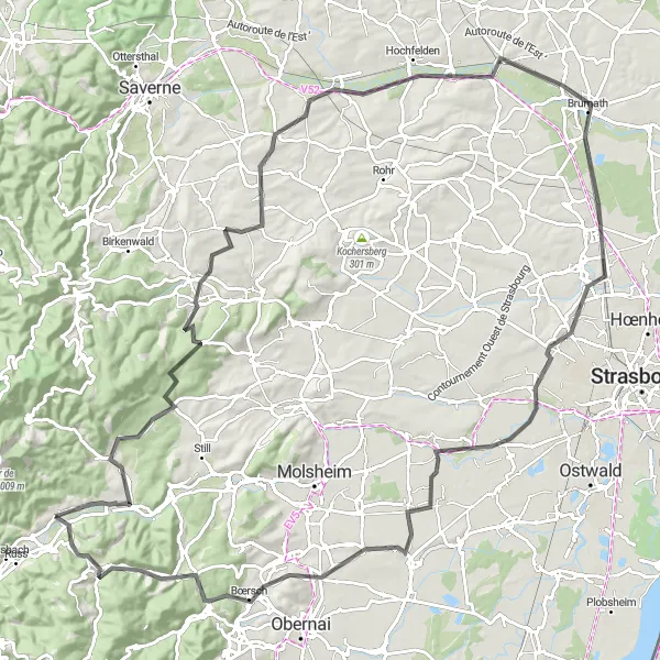 Miniature de la carte de l'inspiration cycliste "Parcours de cyclisme sur route autour de Lutzelhouse" dans la Alsace, France. Générée par le planificateur d'itinéraire cycliste Tarmacs.app