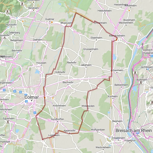 Miniature de la carte de l'inspiration cycliste "La Route des Villages" dans la Alsace, France. Générée par le planificateur d'itinéraire cycliste Tarmacs.app