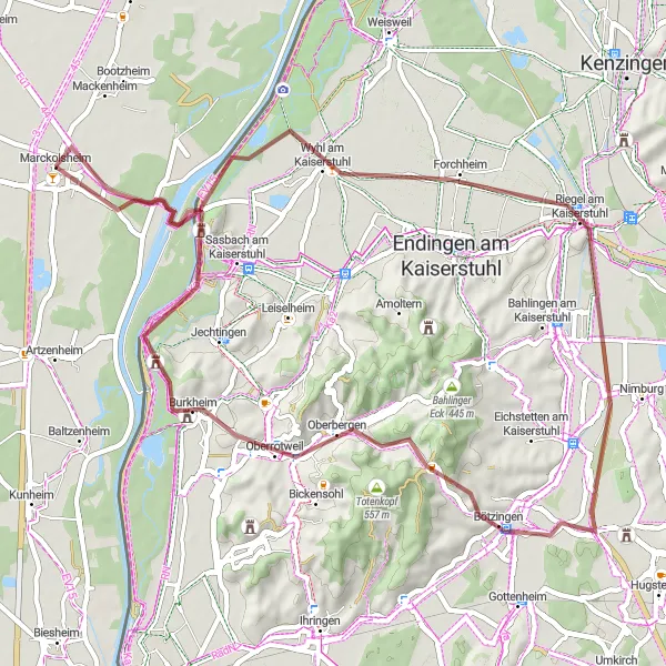 Miniature de la carte de l'inspiration cycliste "Boucle à travers le Kaiserstuhl" dans la Alsace, France. Générée par le planificateur d'itinéraire cycliste Tarmacs.app