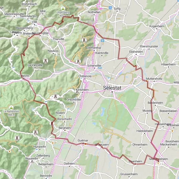 Miniature de la carte de l'inspiration cycliste "Route des Vins et des Châteaux" dans la Alsace, France. Générée par le planificateur d'itinéraire cycliste Tarmacs.app