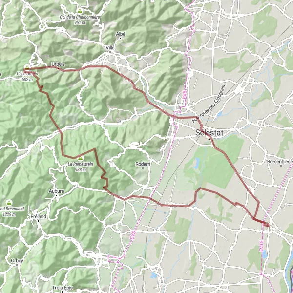 Miniature de la carte de l'inspiration cycliste "Aventure gravel à Sélestat et Bassemberg" dans la Alsace, France. Générée par le planificateur d'itinéraire cycliste Tarmacs.app