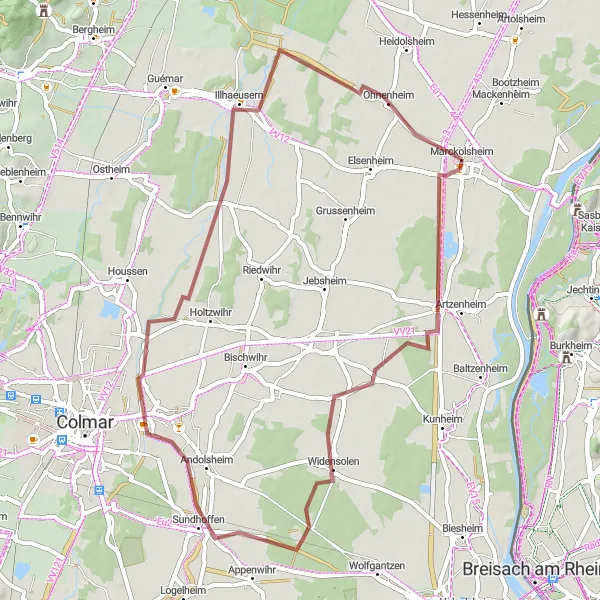 Map miniature of "The Urschenheim Gravel Loop" cycling inspiration in Alsace, France. Generated by Tarmacs.app cycling route planner